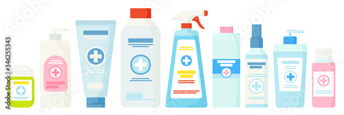 Set of hand sanitizer such as lotion,dispencer,cream,spray, gel.Hygiene,health, clean hands,medical concept. Can be used for web,app,UI. Stock vector illustration isolated on white background in flat