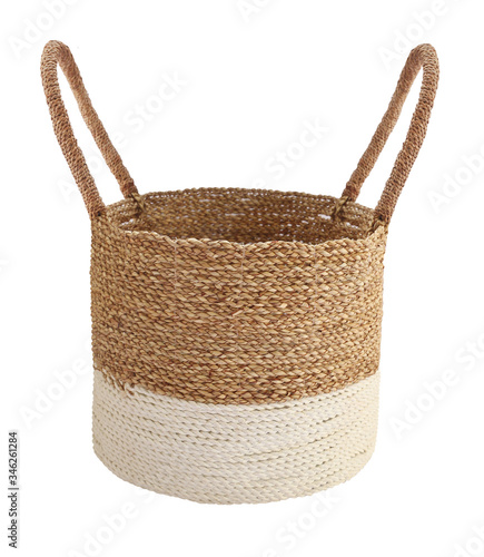 woven basket isolated on white . Details of boho style eco bohemian design interior