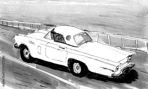 black and white illustration travel to the mountains in a large white retro car, illustration in the style of photography
