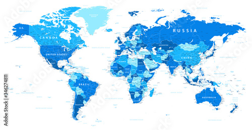 World Map Political - Blue and White Color - Vector Detailed Illustration