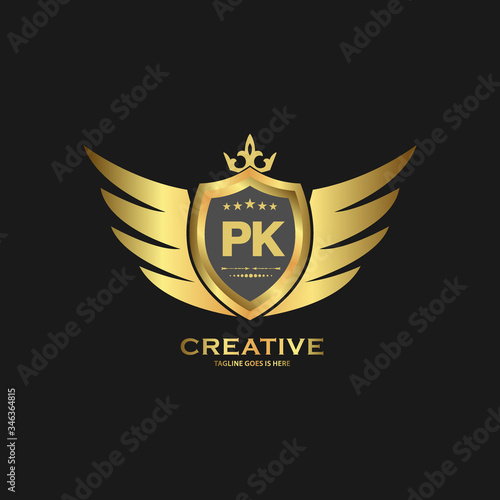 Abstract letter PK shield logo design template. Premium nominal monogram business sign.