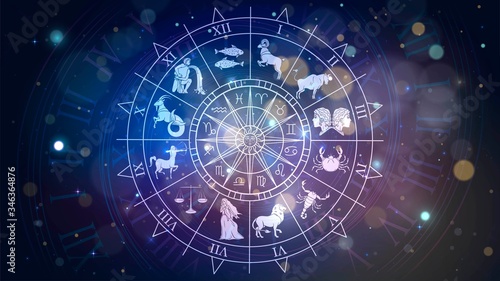 Zodiac signs revolve around the moon in space, astrology and horoscope