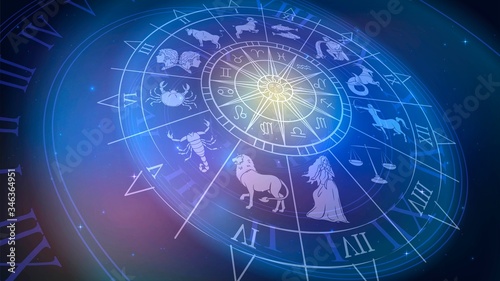 Wheel chart with zodiac signs in space, astrology and horoscope