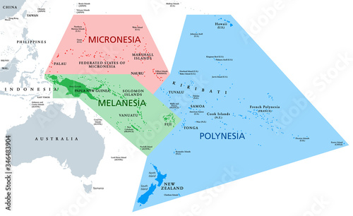 Melanesia, Micronesia and Polynesia, political map. Colored geographic regions of Oceania, southeast of the Asia-Pacific region. English labeling. Illustration on white background. Vector.