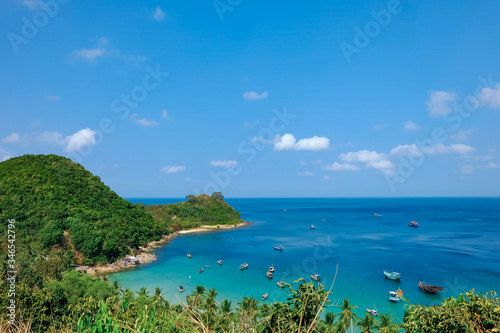 The beautiful tropical beach of Nam Du, the paradise island with the coast, white sand, clean water, boat, forest and blue sky. Nam Du island is a popular tourist destination in Kien Giang, Vietnam