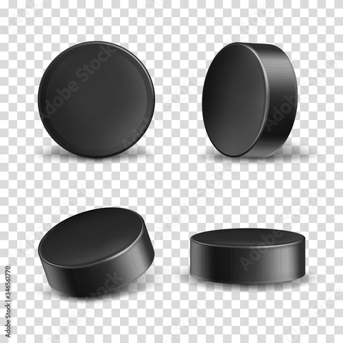 Vector set of 3d realistic black rubber pucks for play ice hockey isolated on transparent background. Hard round disk, sport equipment, inventory for winter team game on skating rink