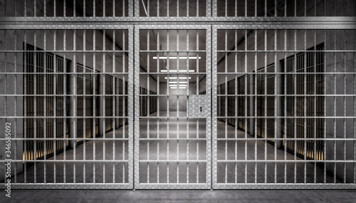 detail in a corridor of a prison with bars and front door.