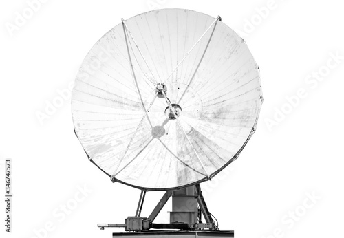 satellite antenna isolated on white background Front view of modern radio communication equipment Digital tv broadcast signal receiving system backdrop