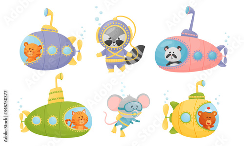 Smiling Animals Swimming Under Water on Submarine and with Diving Suits Vector Set