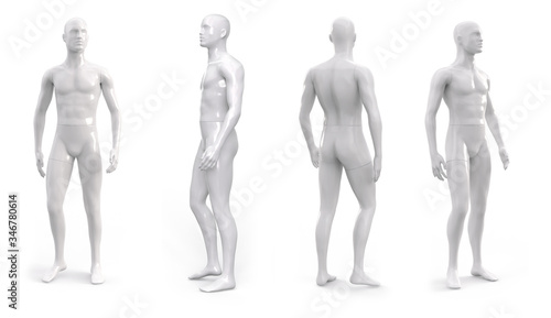 White plastic male mannequin for clothes. Set from the side, front and back view. Commercial equipment for shop windows. 3d illustration isolated on a white background.