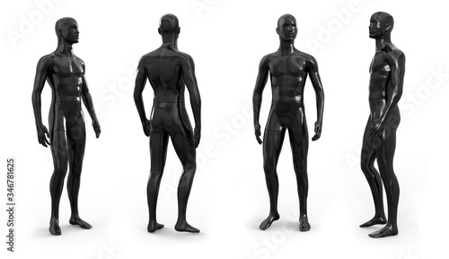 Black plastic male mannequin for clothes. Set from the side, front and back view. Plastic mannequin for clothes and shop window decoration. 3d illustration isolated on a white background.