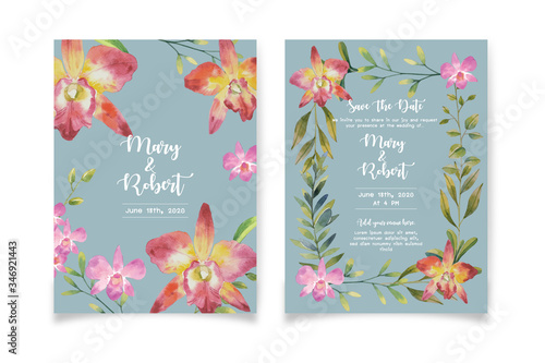 Water color pink orchids and Cattleya orchid with green leaf botanical style bouquet on sky blue background illustration vector. Wedding card format. Suitable for wedding design elements.