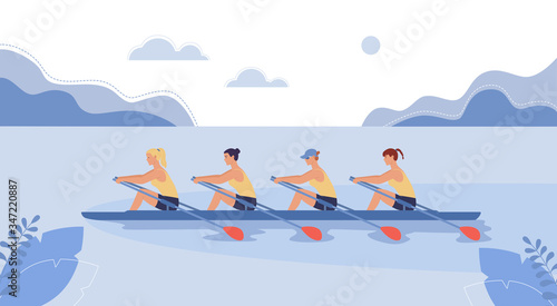 Four female athletes are swimming on a boat. The concept of rowing competitions. Vector illustration in flat design style.