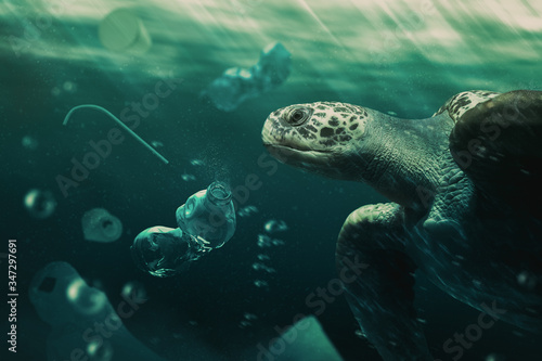 turtle swiming among trash in the ocean / photo composite