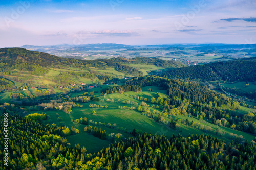 Rudawy Janowickie Landscape Park Aerial View. Mountain range in Sudetes in Poland view with green forests and landscape.