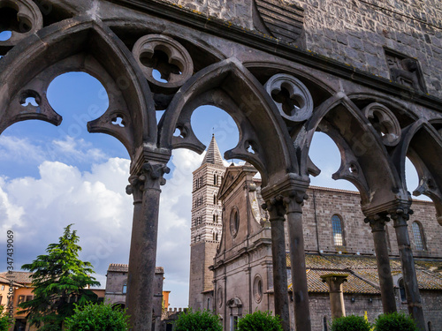 Viterbo, impressive view of Saint Lawrence romanesque cathedral from the Loggia of the Papal Palace, Lazio, central Italy