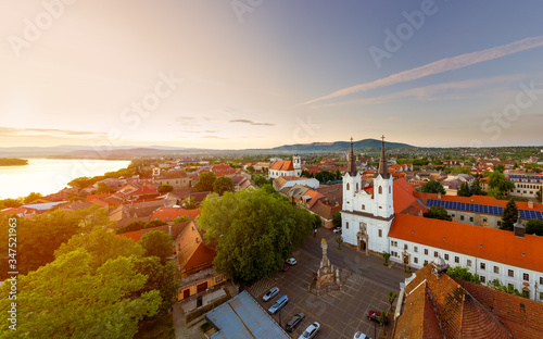 Hungary Vac City. Saint Anna piraist chuch. built in 1745. It has opposite of bath. Amazing aerial cityscape about Vac with drone