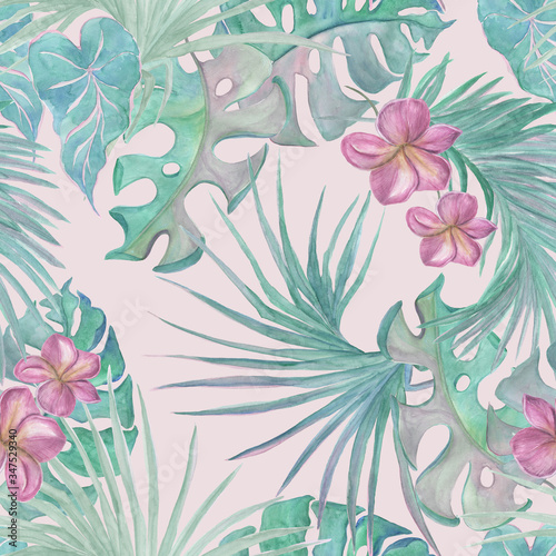 Watercolor painting seamless pattern with tropical leaves and flowers. pastel coclors