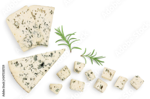 Blue cheese slices with rosemary isolated on white background with clipping path . Top view with copy space for your text . Flat lay.