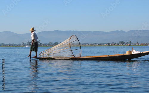 Birma, Inle, łódka, łowienie ryb, morski, rybak, woda, niebo, podróż, blękit, sundown, krajobraz, azja, tropikalna, wybrzeze, lato, jezioro, urlop, wyprawa, połów, orient