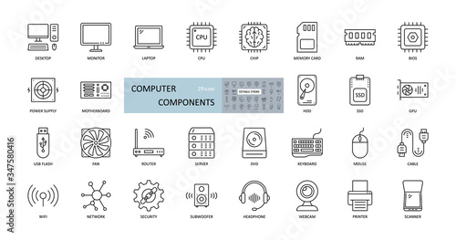 Vector icons of computer components. Editable Stroke. Parts of a PC, such as RAM memory, hdd ssd cpu processor. Keyboard mouse headphone speakers, laptop monitor server. Webcam printer scanner