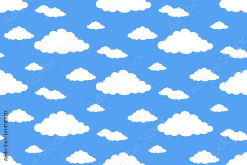 Seamless pattern white flat cloud on blue sky background. Nature ornament, wallpaper, wrapping paper print. Abstract cloudlet texture fo design textile, fabric, pajamas print. Vector illustration