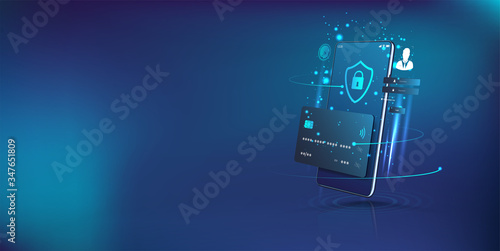 Perspective smartphone and internet banking app. Online payment security transaction via credit card. Digital protection, transfer pay protection. Modern smartphone app. Vector illustration