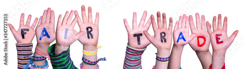 Children Hands Building Colorful Word Fair Trade. White Isolated Background