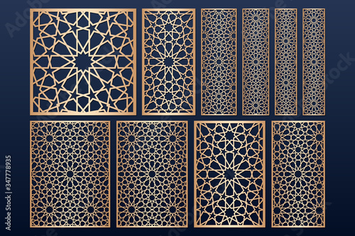 Laser cut panel template set with islamic alhambra pattern. May be used for paper, metal, wood cutting. Arabic stencil pattern. Traditional islamic ornament.