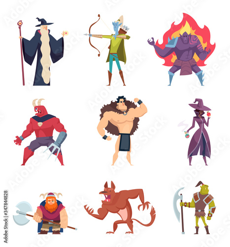 Fairytale characters. Fantasy creatures gremlins orc human warriors demon elf sorcerer giants vector cartoon pictures set. Orc and troll, goblin and witch illustration