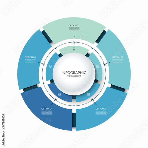 Infographic circular chart divided into 5 parts. Step-by step cycle diagram with five options designed for report, presentation, data visualization.