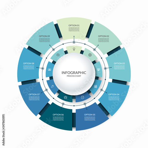 Infographic circular chart divided into 9 parts. Step-by step cycle diagram with nine options designed for report, presentation, data visualization.