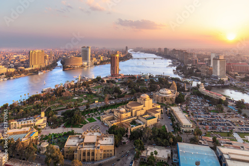 Sunset over the Nile in Cairo, aerial view, Egypt