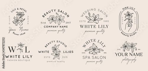 Set of Feminine logos with Lily flowers in simple minimal linear style. Vector floral emblem and icon