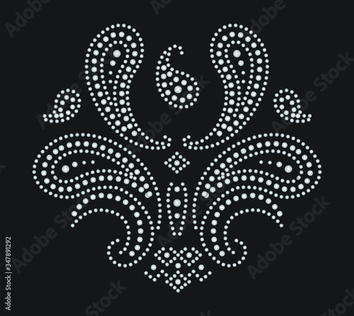 Rhinestone applique ornament design for t-shirt or blouse hot-fix transfer. Abstract beautiful glitter applique rhinestone motif. paisley rhinestud.