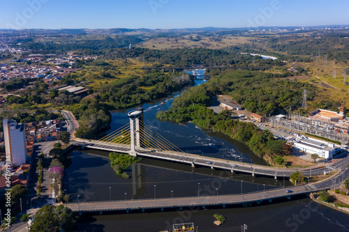 cable-stayed bridge over the Tiete river seen from the top in Salto, Sao Paulo, Brazil
