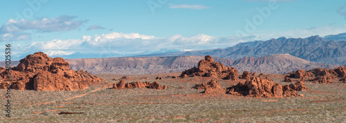 Panoramic view of the rock formations in the Valley of Fire State Park in Nevada.