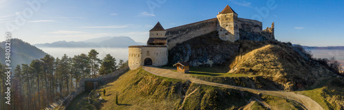 Aerial drone panoramic view of Historical fortress in Risnov or Rasnov. Romania