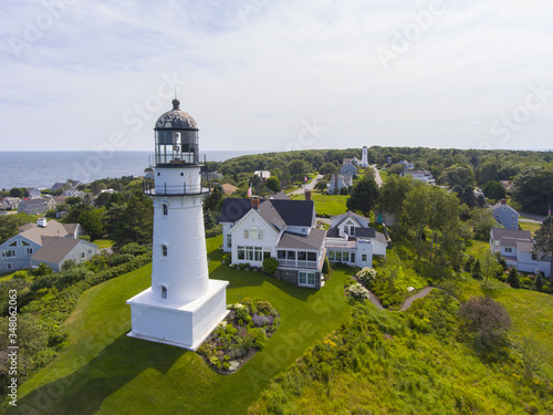 Aerial view of Cape Elizabeth Lights, also known as Two Lights, at the south end of Casco Bay in town of Cape Elizabeth, Maine ME, USA. 