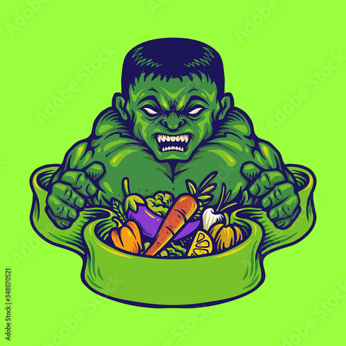 Logo Strong Hulk with Mascot vegan nutrition Vector Illustrations