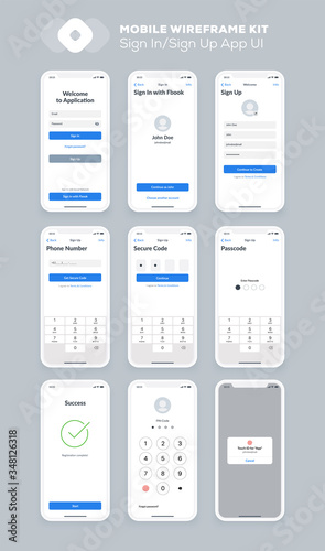 Wireframe UI kit for smartphone. Mobile App UX design. New OS sign up: registration form, input fields, phone number, numeric keypad, security code, passcode and success screens.