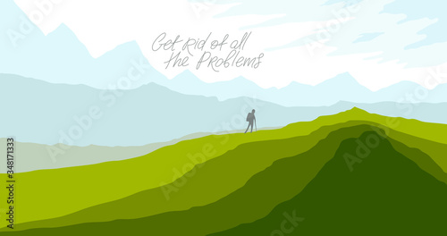 Beautiful scenic nature landscape with traveler pilgrim vector illustration summer or spring season with grasslands meadows hills and mountains, hiking traveling trip to the countryside concept.