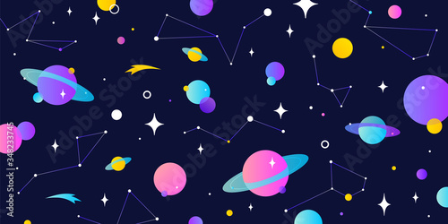 Universe, cosmos. Universe, cosmos and space background with planet, shining star. Colorful cosmos with stardust, planet, star and milky way. Magic colorful universe, starry night. Vector Illustration