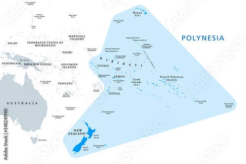 Polynesia, subregion of Oceania, political map. A region, made up of more than 1000 islands scattered over the central and southern Pacific Ocean. English. Illustration on white background. Vector.
