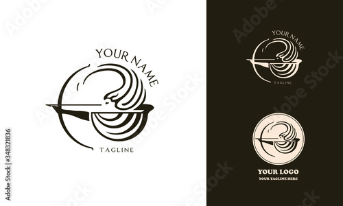 Female greek archer logotype for beauty salon or health care. The woman shoots a bow. Vector illustration. Antient wrapped shape logo mark.