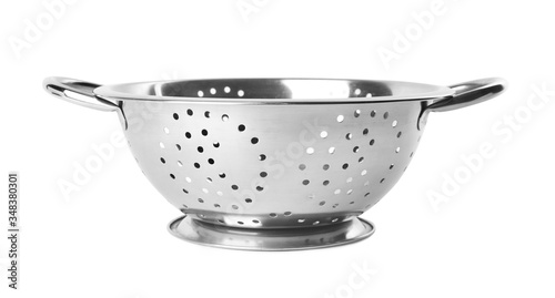 New clean colander isolated on white. Cooking utensils