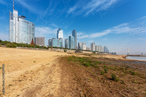 Tall skyscrapers of a modern, metropolitan cityscape tower over a beautiful, white, sandy beach on a warm, sunny day.