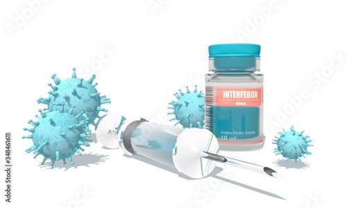 Medicine vial, viruses and syringe. Bottle label with interfeeron beta. Medical concept. 3D rendering