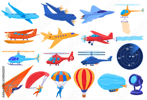Air transport isolated on white, set of planes and helicopters in cartoon style, vector illustration. Airplane, parachute jump na paragliding sport people. Airship, hot air balloon aviation collection