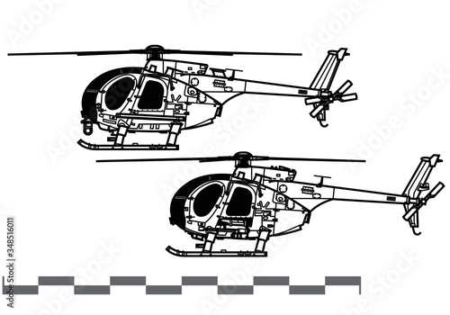 MD Helicopters MH-6, AH-6 Little Bird. Vector drawing of light attack helicopters for special operations. Side view. Image for illustration and infographics.